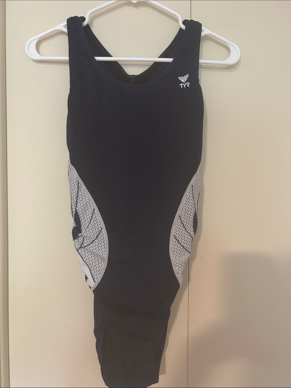TYR women’s navy swimsuit with White Side Panels Size 38